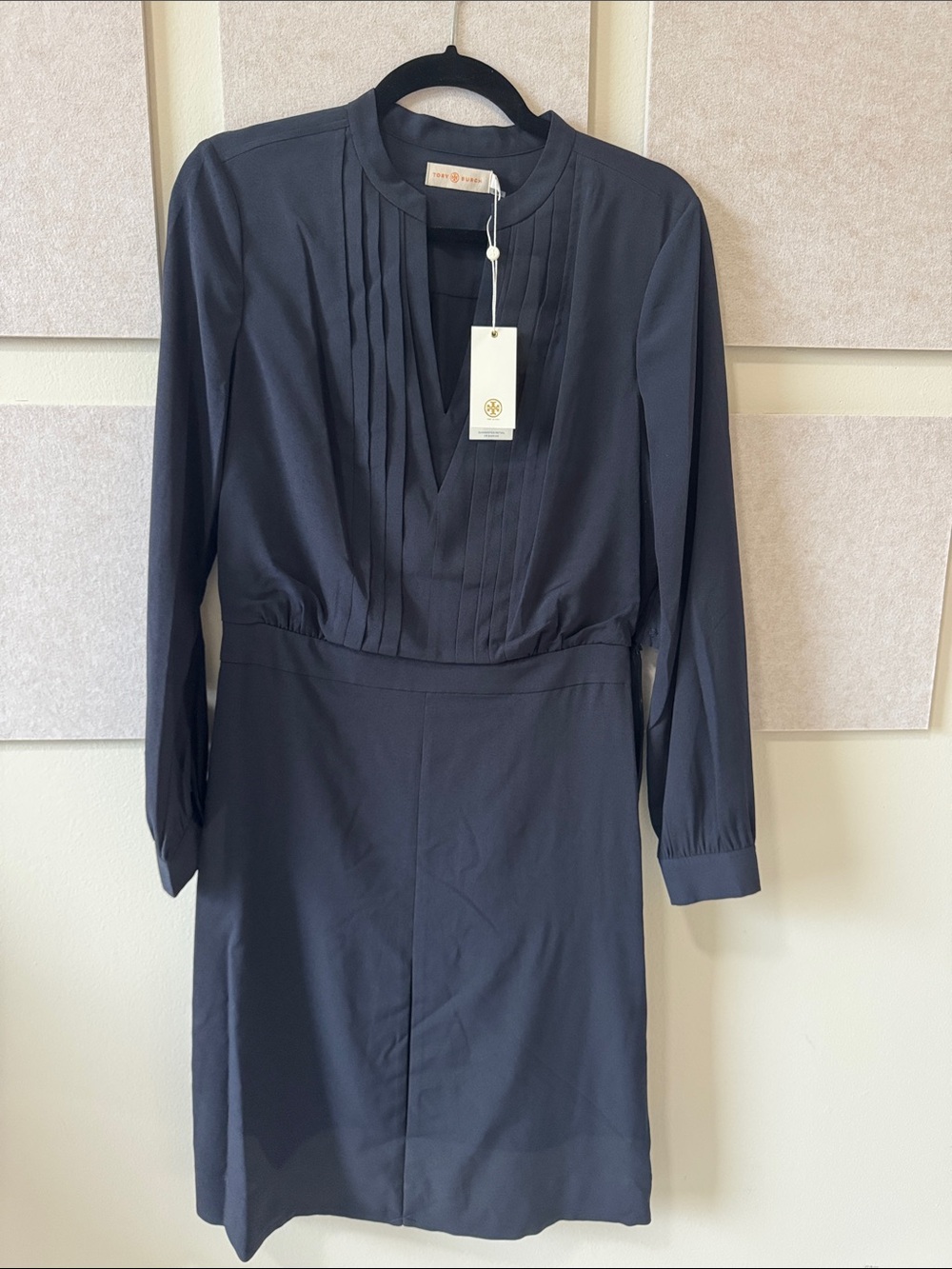 Tory Burch Navy Long-Sleeve Pleated-Front Dress